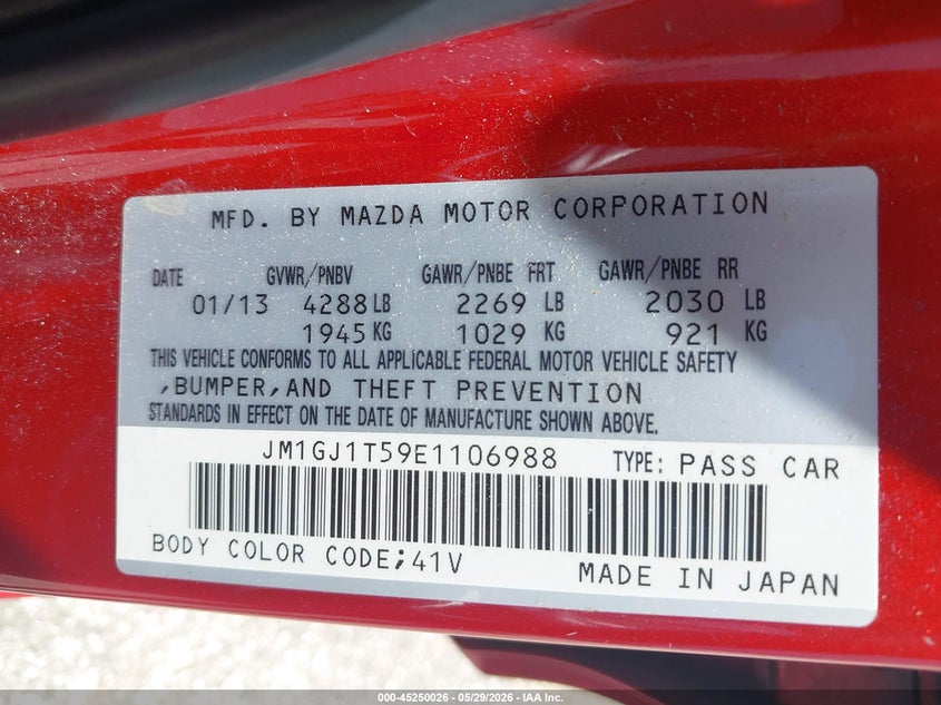 2014 Mazda Mazda6 I Touring VIN: JM1GJ1T59E1106988 Lot: 45250026