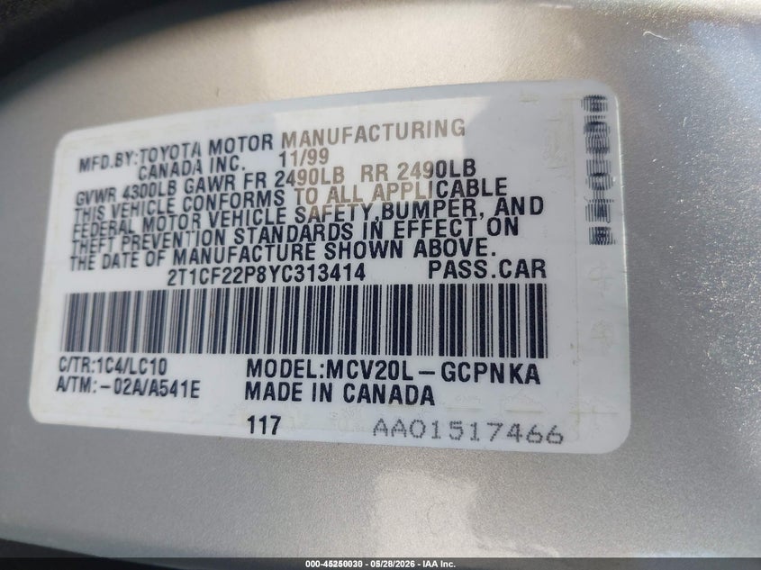 2000 Toyota Camry Solara Sle V6 VIN: 2T1CF22P8YC313414 Lot: 45250030