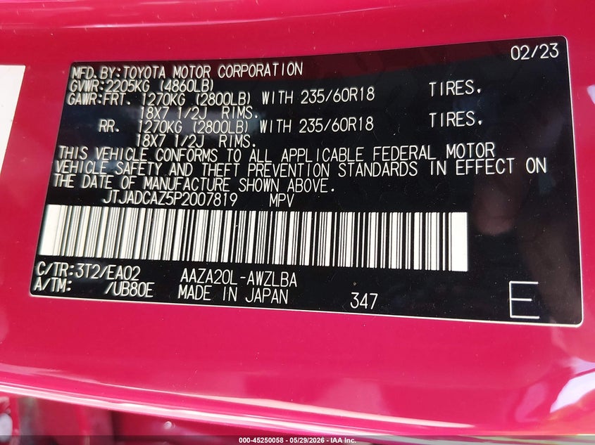 2023 Lexus Nx 250 VIN: JTJADCAZ5P2007819 Lot: 45250058