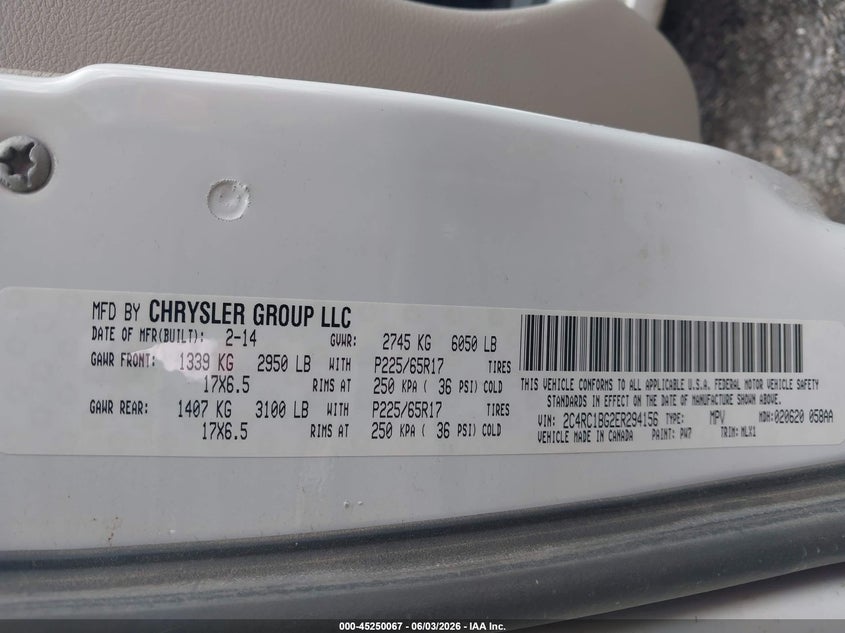 2014 Chrysler Town & Country Touring VIN: 2C4RC1BG2ER294156 Lot: 45250067