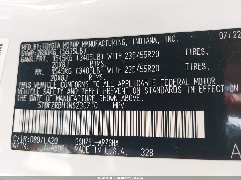 2022 Toyota Highlander Platinum VIN: 5TDFZRBH1NS230710 Lot: 45250081
