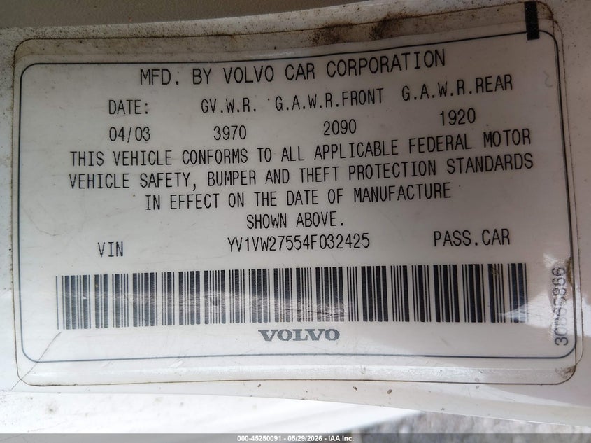 2004 Volvo V40 A/Lse VIN: YV1VW27554F032425 Lot: 45250091