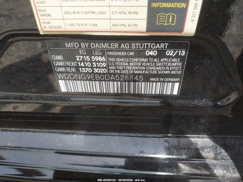 2013 Mercedes-Benz S 550 4Matic VIN: WDDNG9EB0DA526845 Lot: 45250102