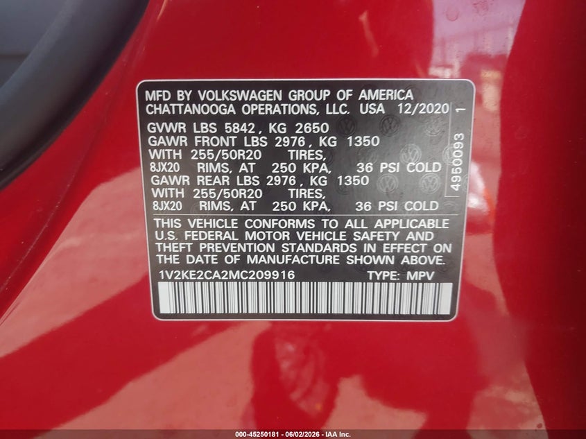 2021 Volkswagen Atlas Cross Sport 3.6L V6 Se W/Technology VIN: 1V2KE2CA2MC209916 Lot: 45250181