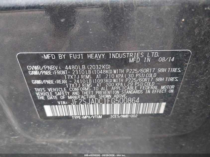 2015 Subaru Forester 2.5I Premium VIN: JF2SJADC1FG500864 Lot: 45250200