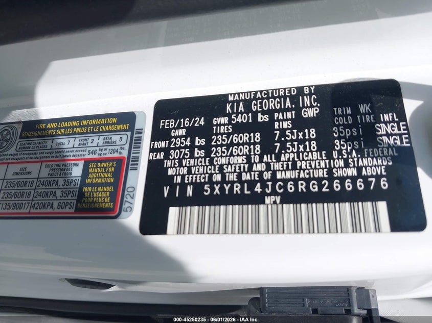 KIA SORENTO 2024 VIN 5XYRL4JC6RG266676