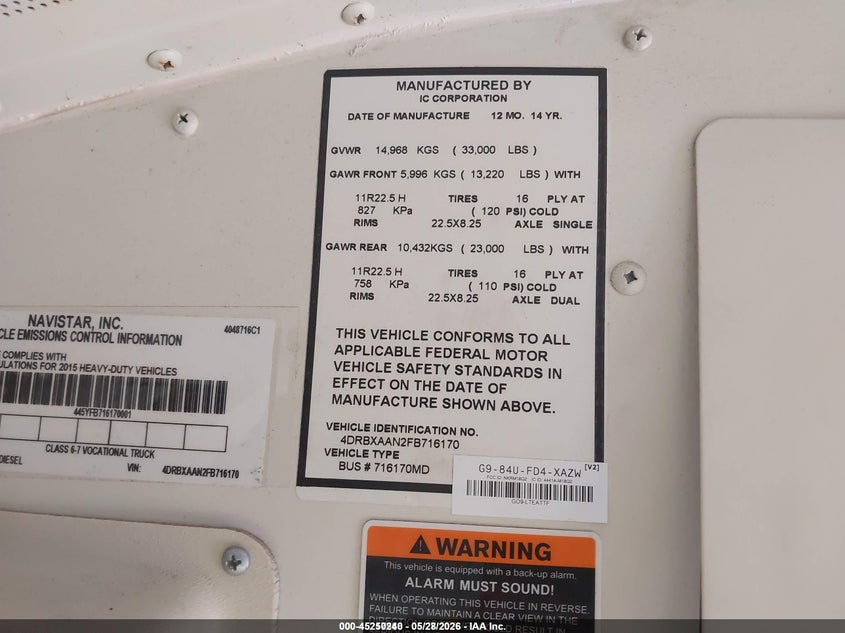 2015 IC IC CORPORATION 3000 RE BUS N/A