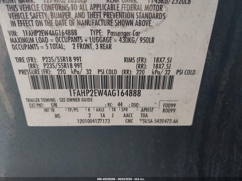 2010 Ford Taurus Sel VIN: 1FAHP2EW4AG164888 Lot: 45250269