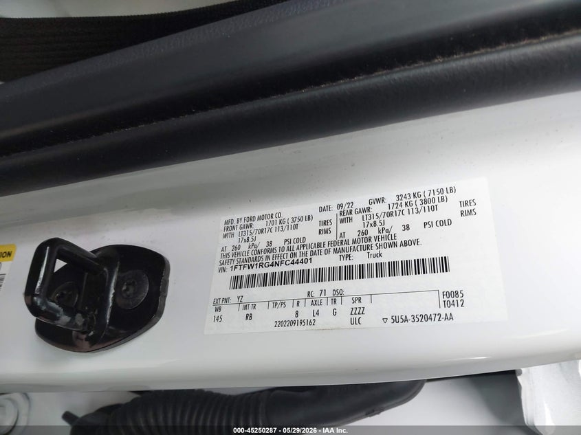 2022 Ford F-150 Raptor VIN: 1FTFW1RG4NFC44401 Lot: 45250287