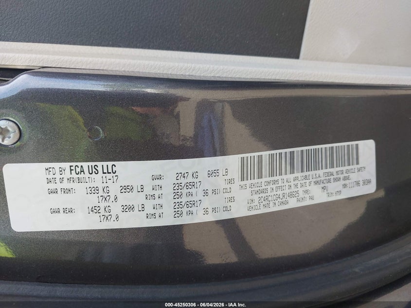 2018 Chrysler Pacifica Lx VIN: 2C4RC1CG4JR148625 Lot: 45250306