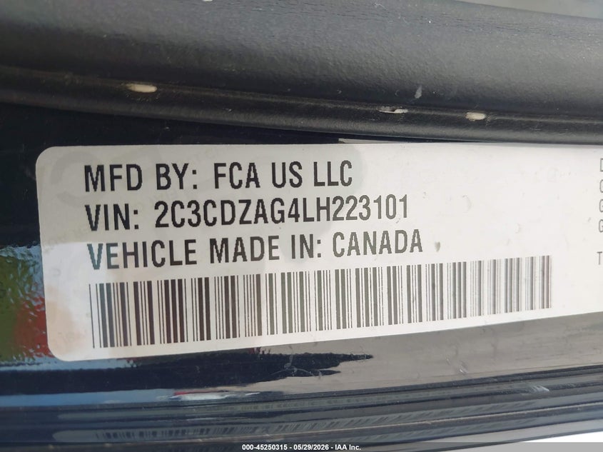 2020 Dodge Challenger Sxt VIN: 2C3CDZAG4LH223101 Lot: 45250315