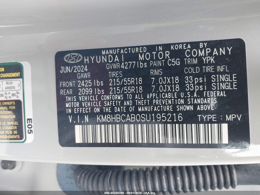 2025 Hyundai Kona Sel VIN: KM8HBCAB0SU195216 Lot: 45250389