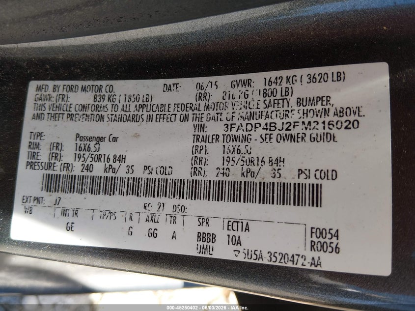 2015 Ford Fiesta Se VIN: 3FADP4BJ2FM216020 Lot: 45250402