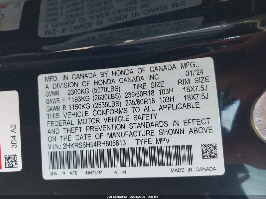 2024 Honda Cr-V Hybrid Sport VIN: 2HKRS6H54RH805813 Lot: 45250412