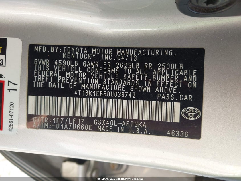 2013 Toyota Avalon Xle Premium VIN: 4T1BK1EB5DU038742 Lot: 45250425