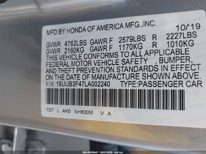2020 Acura Tlx Tech Package VIN: 19UUB3F47LA002240 Lot: 45250447