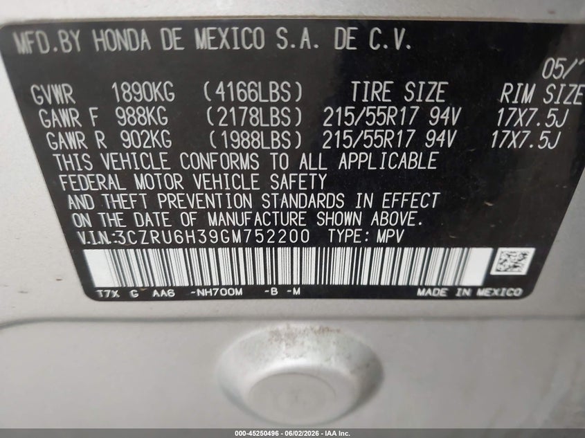 2016 Honda Hr-V Lx VIN: 3CZRU6H39GM752200 Lot: 45250496