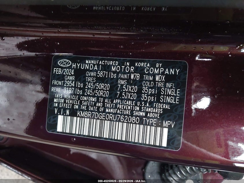 2024 Hyundai Palisade Calligraphy VIN: KM8R7DGE0RU762080 Lot: 45250525