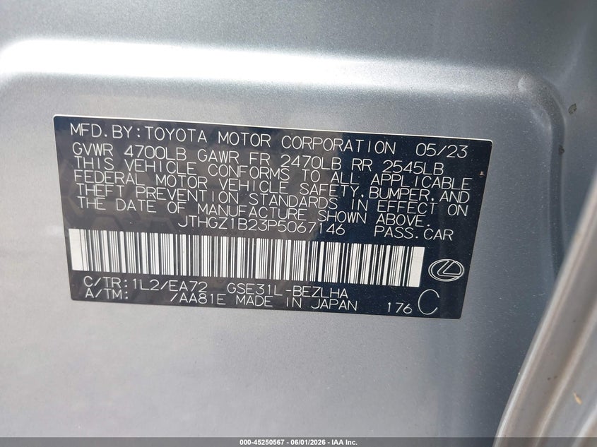 2023 Lexus Is 350 F Sport VIN: JTHGZ1B23P5067146 Lot: 45250567