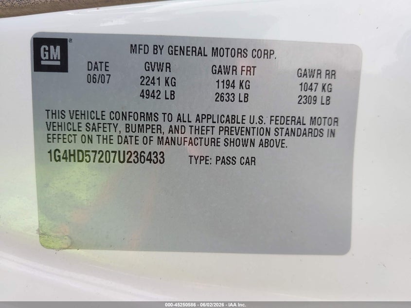 2007 Buick Lucerne Cxl VIN: 1G4HD57207U236433 Lot: 45250586