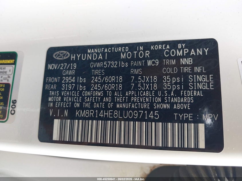 2020 Hyundai Palisade Se VIN: KM8R14HE8LU097145 Lot: 45250641