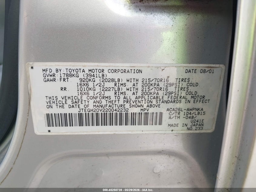 2002 Toyota Rav4 VIN: JTEGH20V220042232 Lot: 45250739
