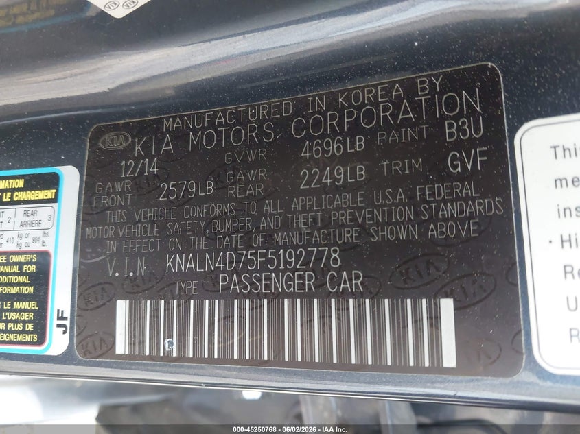 2015 Kia Cadenza Premium VIN: KNALN4D75F5192778 Lot: 45250768