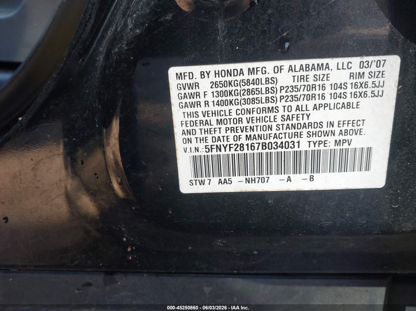 2007 Honda Pilot Lx VIN: 5FNYF28167B034031 Lot: 45250860