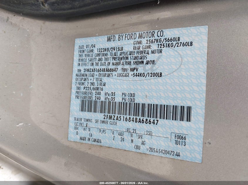 2004 Ford Freestar VIN: 2SMZA51684B868647 Lot: 45250877