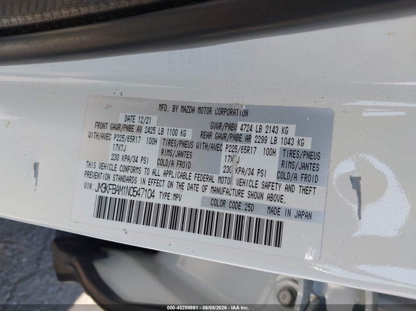 2022 MAZDA CX-5 2.5L I-4 DI, DOHC, V(VIN: JM3KFBAM1N0547104