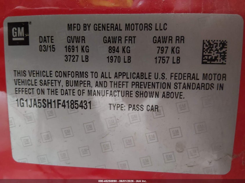 2015 Chevrolet Sonic Ls Auto VIN: 1G1JA5SH1F4185431 Lot: 45250890