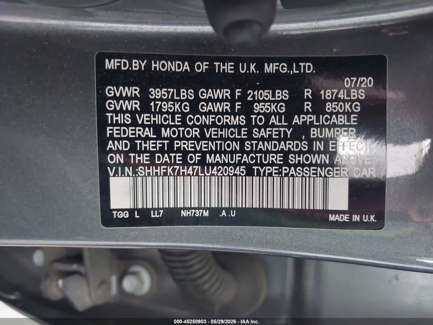 VIN SHHFK7H47LU420945 2020 HONDA CIVIC SPORT