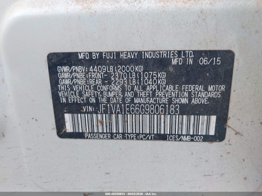 2016 Subaru Wrx Premium VIN: JF1VA1E66G9806183 Lot: 45250933