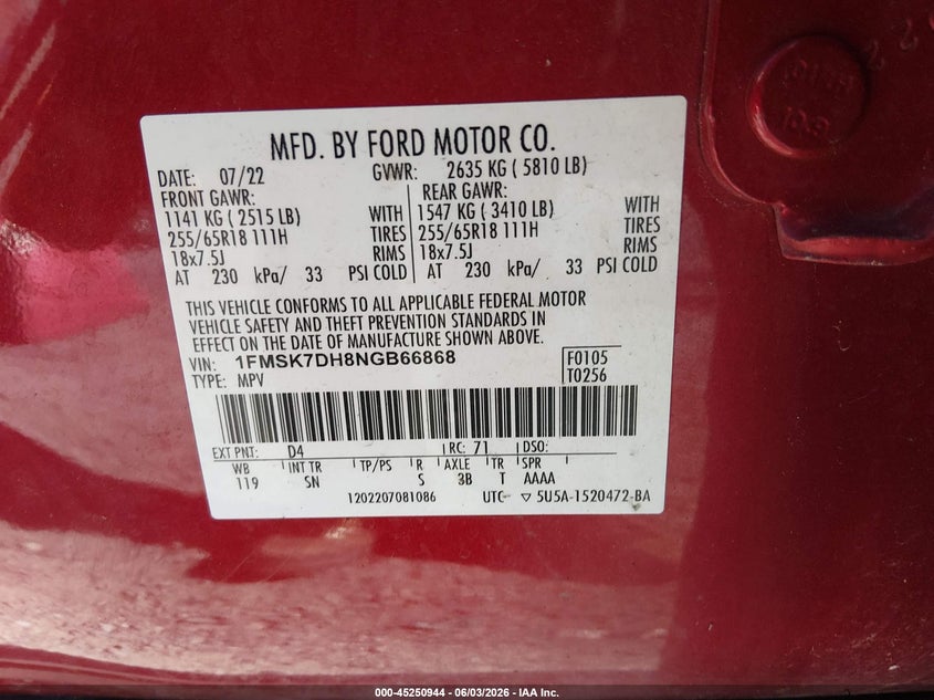2022 Ford Explorer Xlt VIN: 1FMSK7DH8NGB66868 Lot: 45250944