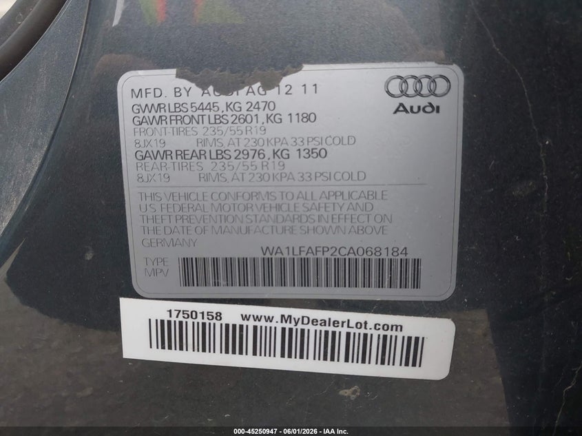 2012 Audi Q5 2.0 2.0T Premium grey Lot 111045250947 Vin WA1LFAFP2CA068184