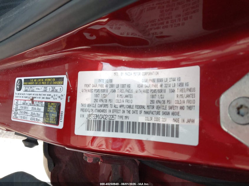 2010 Mazda Cx-9 Touring VIN: JM3TB3MV0A0212257 Lot: 45250949