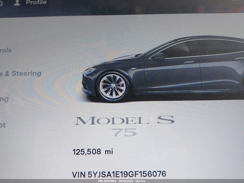 2016 Tesla Model S 60/70/75/85 VIN: 5YJSA1E19GF156076 Lot: 45250964