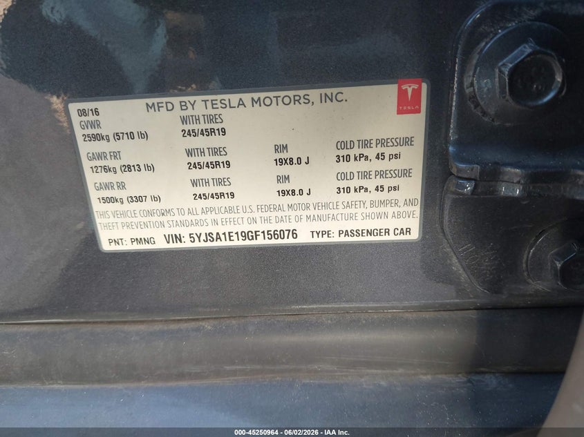 2016 Tesla Model S 60/70/75/85 VIN: 5YJSA1E19GF156076 Lot: 45250964