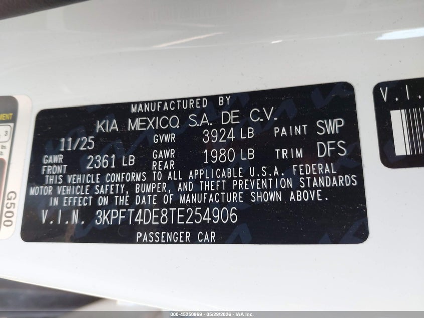 2026 Kia K4 Lxs VIN: 3KPFT4DE8TE254906 Lot: 45250969