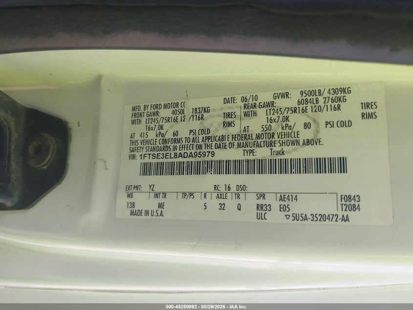 2010 Ford E-350 Super Duty Commercial/Recreational VIN: 1FTSE3EL8ADA95979 Lot: 45250992