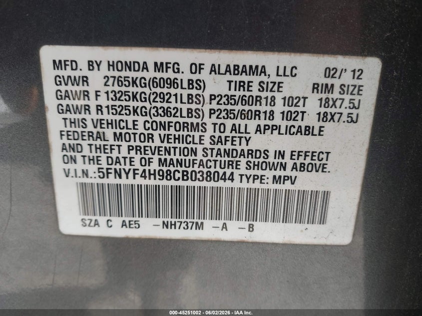5FNYF4H98CB038044 2012 Honda Pilot 3.5 Touring grey