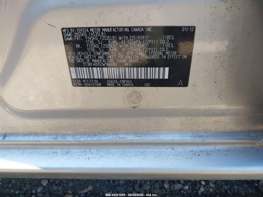 2012 Toyota Rav 4 2.5 Rav4 grey Lot 111045251008 Vin 2T3BF4DV5CW184890