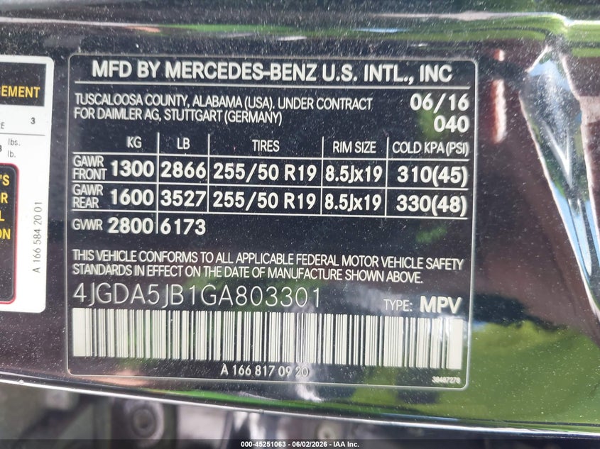 2016 Mercedes-Benz Gle 350 VIN: 4JGDA5JB1GA803301 Lot: 45251063