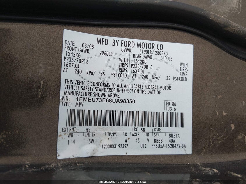 2008 Ford Explorer Xlt VIN: 1FMEU73E68UA98350 Lot: 45251078