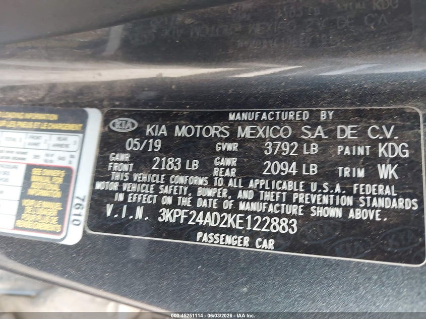 VIN 3KPF24AD2KE122883 2019 KIA FORTE LXS