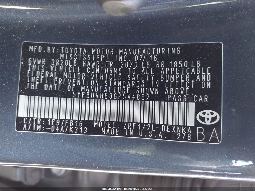 2016 TOYOTA COROLLA SEDAN 1.8L I-4 DOHC, VVT, 132HP