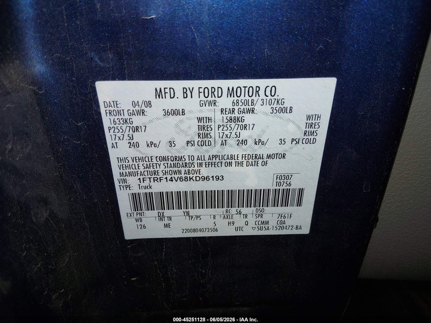 2008 FORD F-150 TRUCK 5.4L V-8 VVT, 300HP