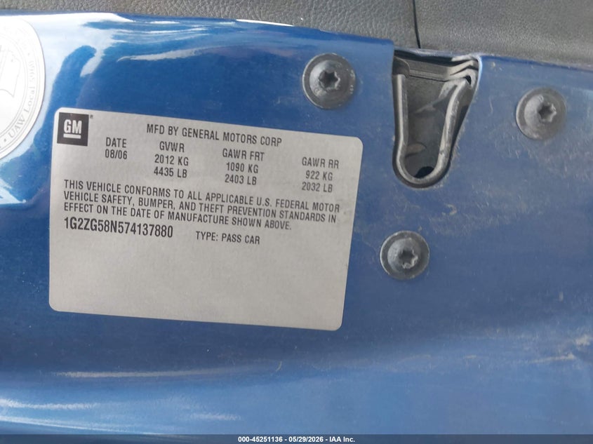 2007 Pontiac G6 VIN: 1G2ZG58N574137880 Lot: 45251136