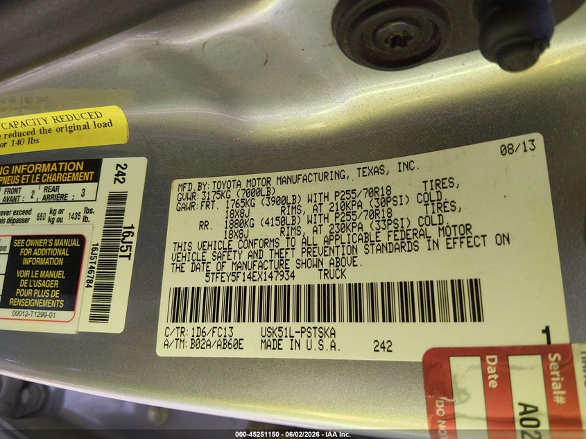 2014 Toyota Tundra Sr5 5.7L V8 VIN: 5TFEY5F14EX147934 Lot: 45251150