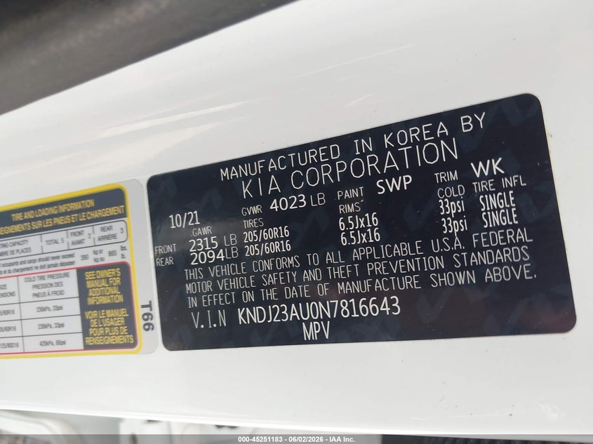 2022 Kia Soul Lx VIN: KNDJ23AU0N7816643 Lot: 45251183
